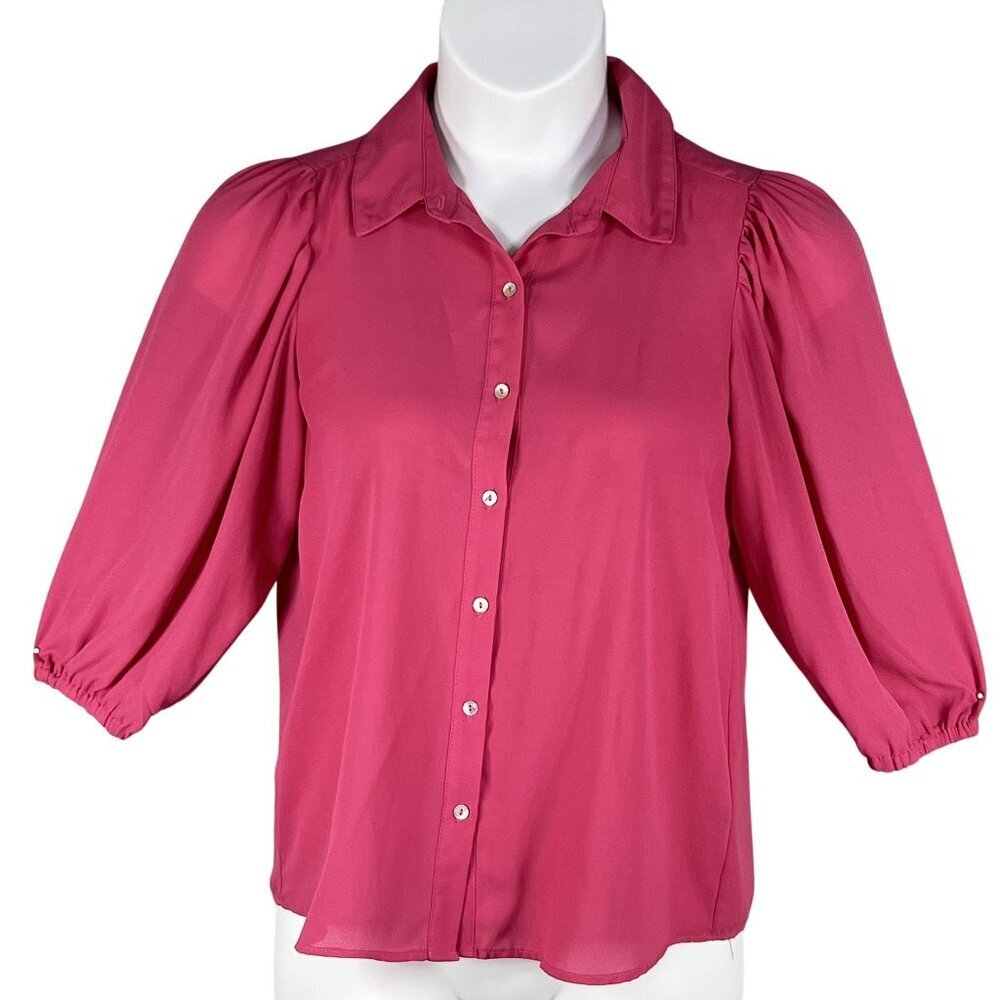 Nanette Lepore Womens S Pink Button Up Blouse 3/4 Balloon Puff Sleeves Office